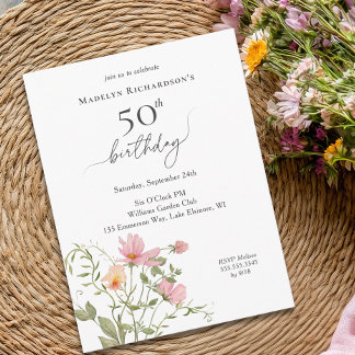 50e verjaardag Vrouwelijke waterverf wilde bloem Uitnodiging Briefkaart