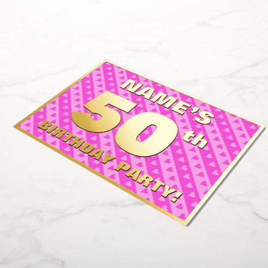 50e verjaardag — vuurroze harten en strips folie uitnodiging (Gedraaid)