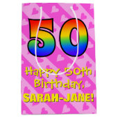 50e verjaardag: vuurroze kunststrepen; regenboog 5 medium cadeauzakje (Voorkant)