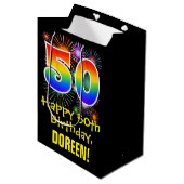 50e verjaardag: Vuurwerk Fun Pattern + Regenboog 5 Medium Cadeauzakje (Voorkant Gekanteld)