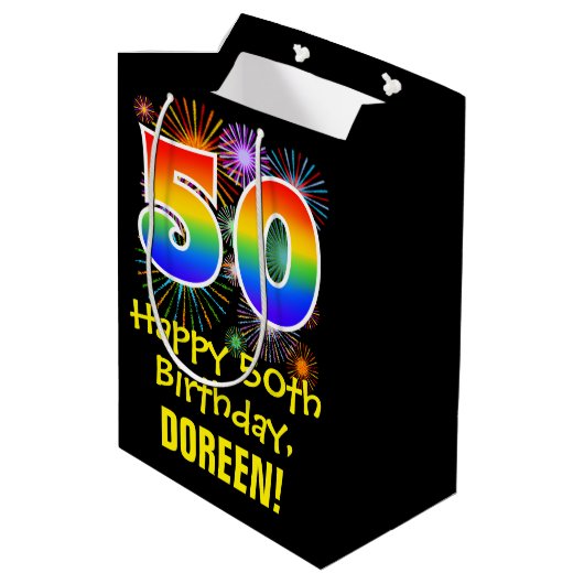 50e verjaardag: Vuurwerk Fun Pattern + Regenboog 5 Medium Cadeauzakje (Achterkant Gekanteld)