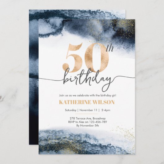 50e verjaardag waterverf en goud kaart (Voorkant / Achterkant)
