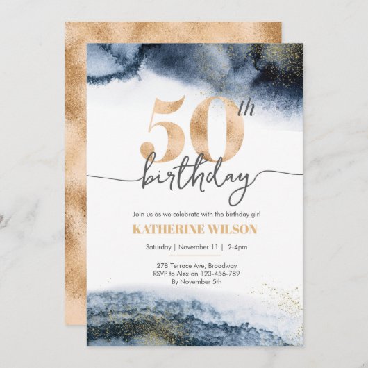50e verjaardag waterverf en goud kaart (Voorkant / Achterkant)