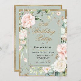 50e verjaardag Waterverf groene gouden gouden bloe Kaart