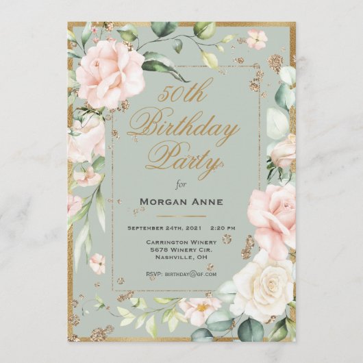 50e verjaardag Waterverf groene gouden gouden bloe Kaart (Voorkant)