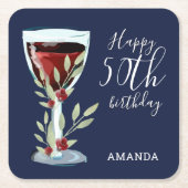 50e verjaardag Waterverf Rood Wijn Roos Navy Blue Kartonnen Onderzetters (Voorkant)