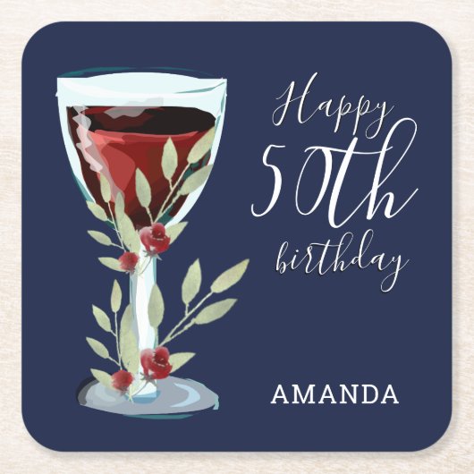 50e verjaardag Waterverf Rood Wijn Roos Navy Blue Kartonnen Onderzetters (Voorkant)