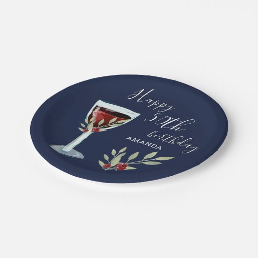 50e verjaardag Waterverf Rood Wijn Roos Navy Blue Papieren Bordje (Gekanteld)