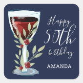 50e verjaardag Waterverf Rood Wijn Roos Navy Blue Vierkante Sticker (Voorkant)
