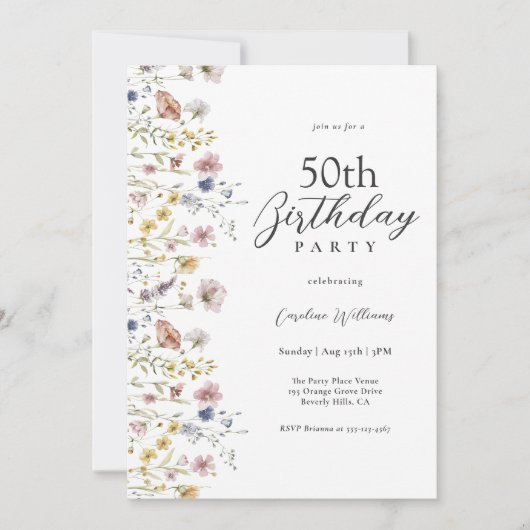 50e verjaardag Waterverf Wildflowers Floral Kaart (Voorkant)