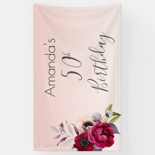 50e verjaardag wazige roze roze roos goudbloem spandoek (Verticaal)