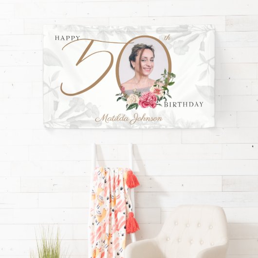 50e verjaardag White Gold Floral Foto Welkom Spandoek (Insitu)