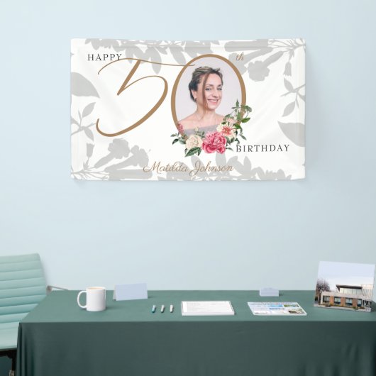 50e verjaardag White Gold Floral Foto Welkom Spandoek (Beurs)