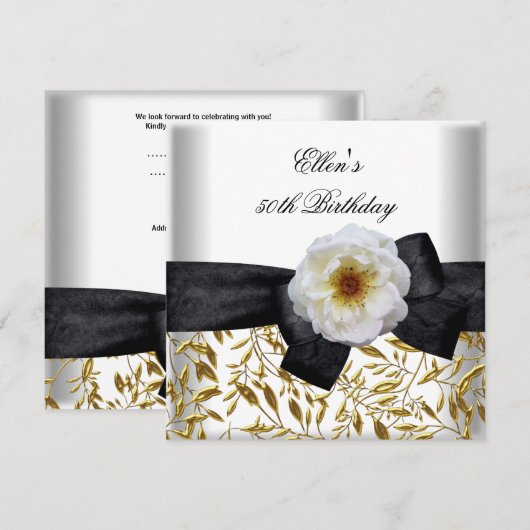 50e verjaardag White Gold Flower Black Bow Kaart (Voorkant / Achterkant)