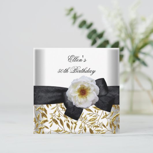 50e verjaardag White Gold Flower Black Bow Kaart (Staand voorkant)