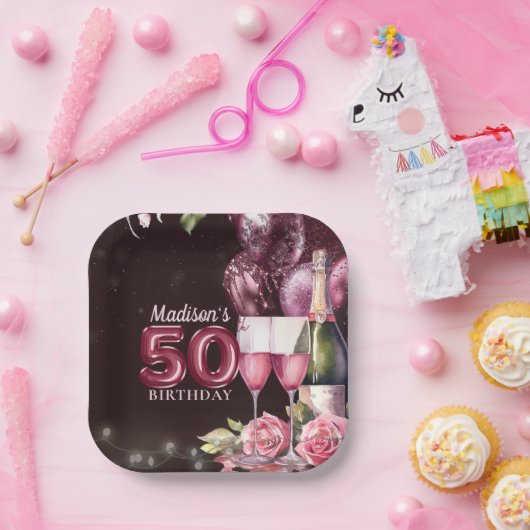 50e verjaardag wijn & ballonnen gepersonaliseerd papieren bordje (Feest)