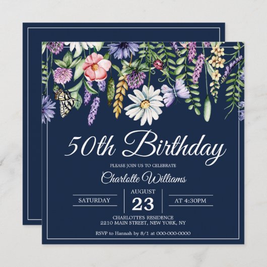 50e verjaardag Wildbloemen Elegant Navy Blue Flora Kaart (Voorkant / Achterkant)