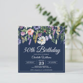 50e verjaardag Wildbloemen Elegant Navy Blue Flora Kaart (Staand voorkant)