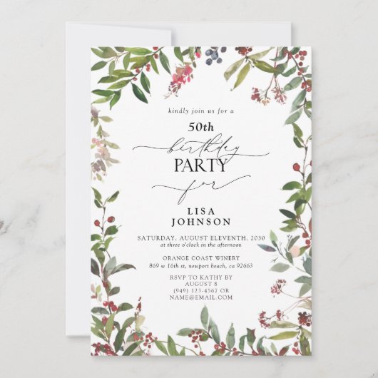 50e Verjaardag Winter Wildflower Berry Waterverf Kaart (Voorkant)