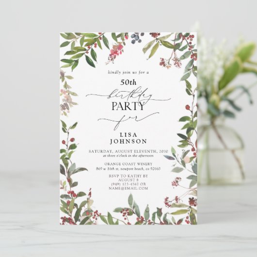 50e Verjaardag Winter Wildflower Berry Waterverf Kaart (Staand voorkant)