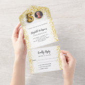 50e verjaardag wit goud fotofeest RSVP All In One Uitnodiging (Afscheurbaar)