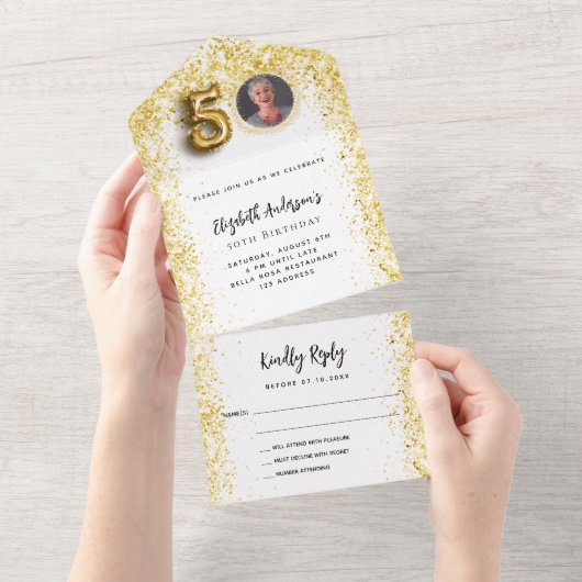 50e verjaardag wit goud fotofeest RSVP All In One Uitnodiging (Afscheurbaar)