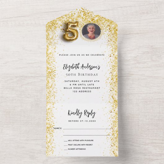 50e verjaardag wit goud fotofeest RSVP All In One Uitnodiging (Binnen)