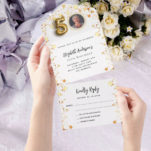 50e verjaardag wit gouden sterren fotofeest RSVP All In One Uitnodiging