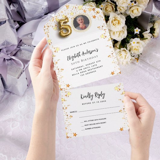 50e verjaardag wit gouden sterren fotofeest RSVP All In One Uitnodiging