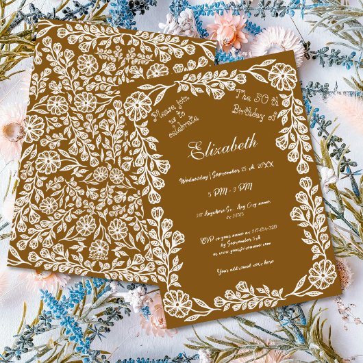 50e verjaardag Witte & Bruine Botanische Bloemen Kaart