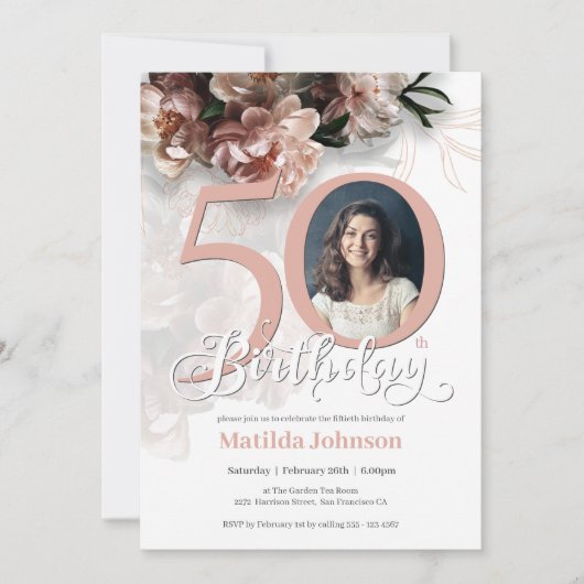 50e verjaardag Witte Floral Zacht Roze Elegant Fot Kaart (Voorkant)