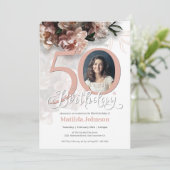 50e verjaardag Witte Floral Zacht Roze Elegant Fot Kaart (Staand voorkant)