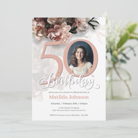 50e verjaardag Witte Floral Zacht Roze Elegant Fot Kaart (Staand voorkant)