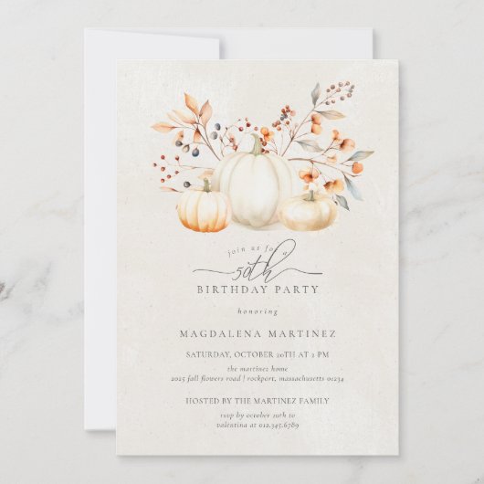 50e verjaardag Witte pompoen val bladeren Elegant Kaart (Voorkant)