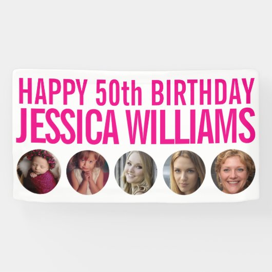 50e verjaardag witte roze vijf fotocirkels banner (Horizontaal)