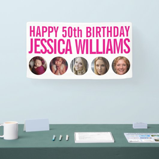 50e verjaardag witte roze vijf fotocirkels banner (Beurs)