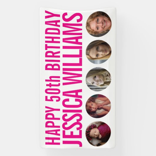 50e verjaardag witte roze vijf fotocirkels banner (Verticaal)