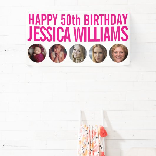 50e verjaardag witte roze vijf fotocirkels banner (Insitu)