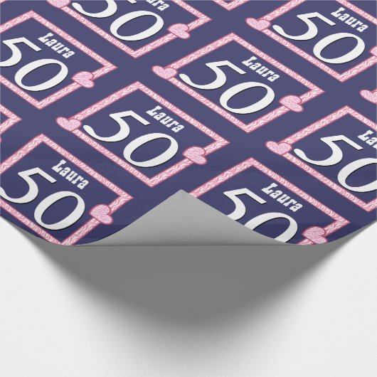 50e verjaardag Zebra Harten roze marineblauw V03G Cadeaupapier (Hoek)