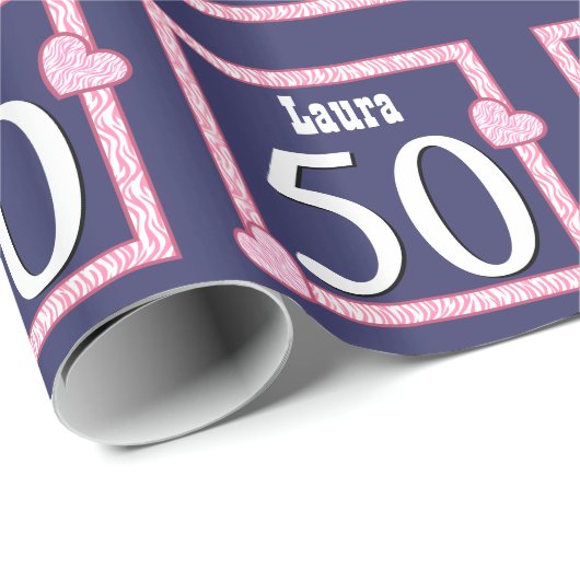 50e verjaardag Zebra Harten roze marineblauw V03G Cadeaupapier (Rol Hoek)