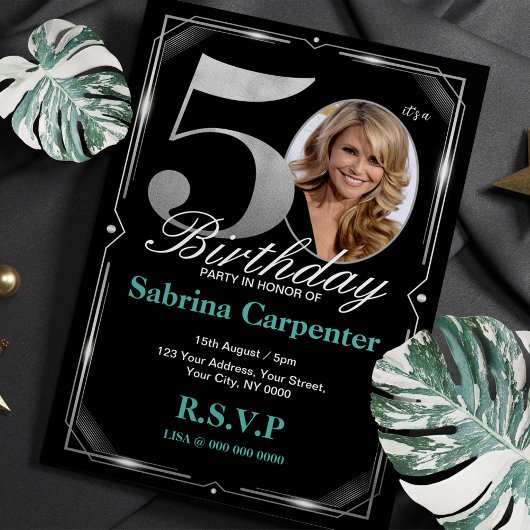 50e verjaardag Zilver en Zwart Uitnodiging