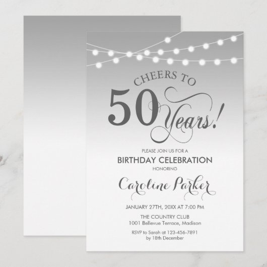 50e verjaardag - Zilver Wit Kaart (Voorkant / Achterkant)