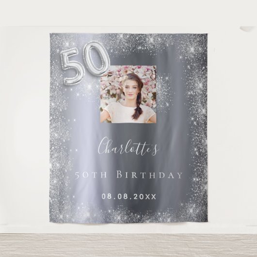 50e verjaardag zilveren foto glitter welkom wandkleed (Voorkant)