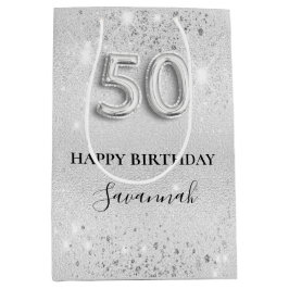 50e verjaardag zilveren glitter medium cadeauzakje