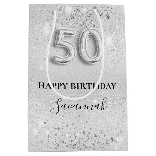 50e verjaardag zilveren glitter medium cadeauzakje (Voorkant)