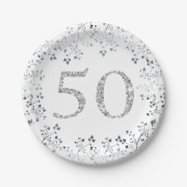 50e verjaardag, zilveren glitters, op maat papieren bordje