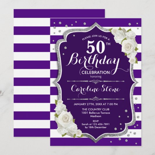 50e verjaardag - zilveren Paarse witte strepen Roz Kaart (Voorkant / Achterkant)