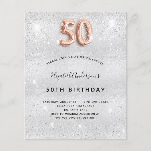 50e verjaardag zilveren roos gouden uitnodiging (Voorkant)
