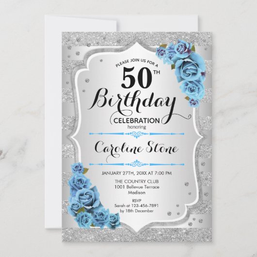 50e verjaardag - Zilveren strepen Icy Blue Rozen Kaart (Voorkant)