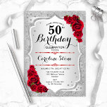 50e verjaardag - Zilveren strepen rode rozen Kaart<br><div class="desc">50e uitnodiging van de verjaardag. Elegant bloemontwerp in zilver en rood. Met faux glitter Silver Strees,  rode rozen,  stijlvol script font en confetti. Ideaal voor een glam verjaardagsfeestje.</div>